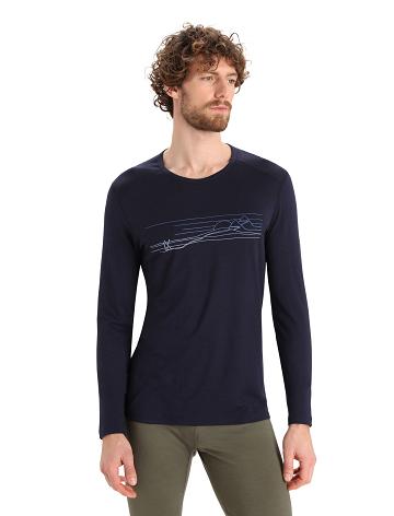 Midnight Navy Men's Icebreaker Merino 200 Oasis Long Sleeve Crewe Ski Stripes Base Layers | USA 1366WNBY